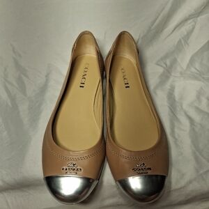 Coach Tan Leather Ballet Flats with Silver Cap Toe